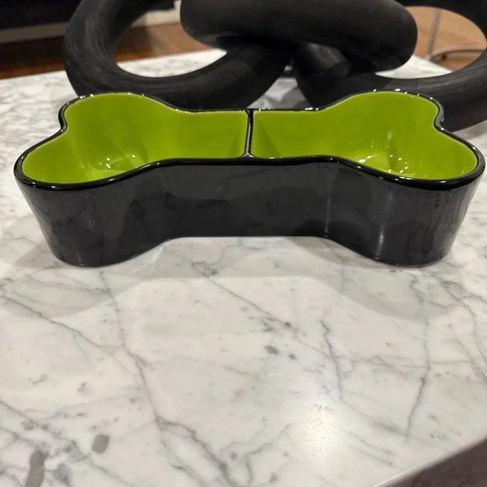 Rae Dunn BREW GRUEL Black & Green Ceramic Glaze Bone-Shaped Pet Bowl